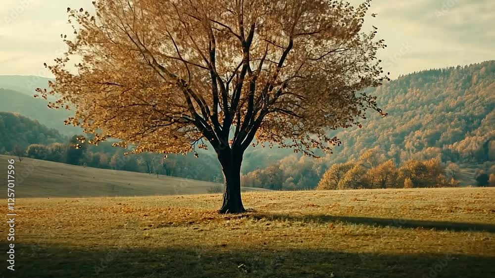 Lone autumn tree, hilltop field, sunset, mountains Lone autumn tree, hilltop field, sunset, mountains