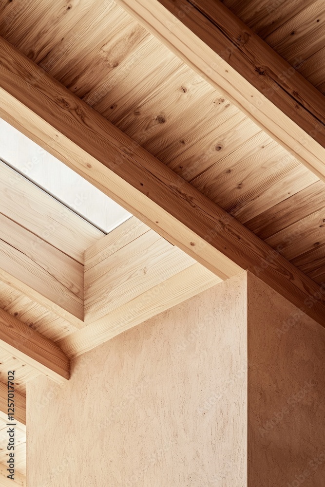 Close-up of a wooden ceiling, showcasing the interior architecture with wooden beams and sunlight streaming through a skylight. Close-up of a wooden ceiling, showcasing the interior architecture with wooden beams and sunlight streaming through a skylight.