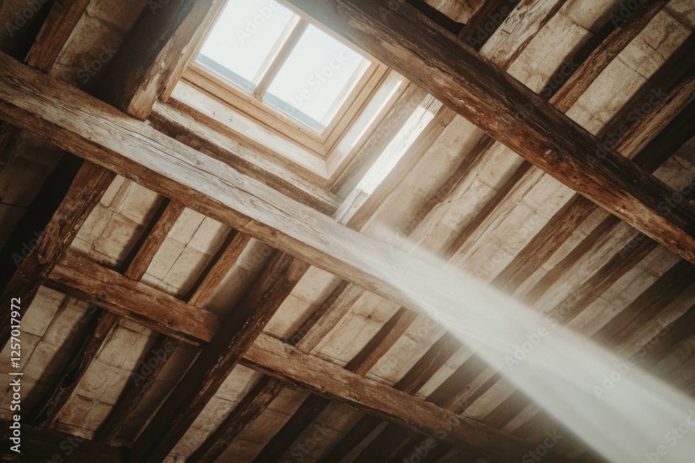 Fototapeta premium Close-up of a wooden ceiling, showcasing the interior architecture with wooden beams and sunlight streaming through a skylight. 