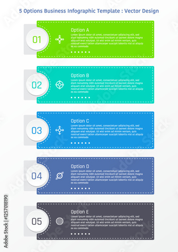 5 options business infographic template, simple rectangular bar with number in circle frame, also with dash line and symbols