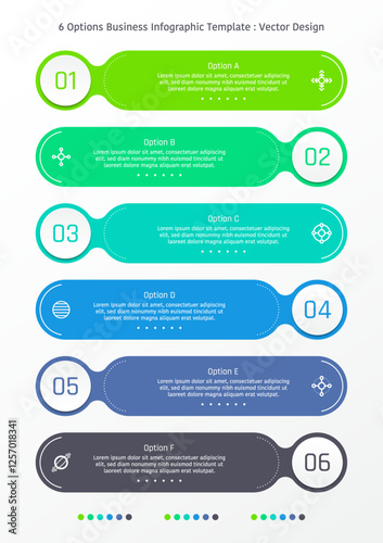 6 options business infographic template, theme of linked round corner rectangular bar and circle frame with number, also with symbols