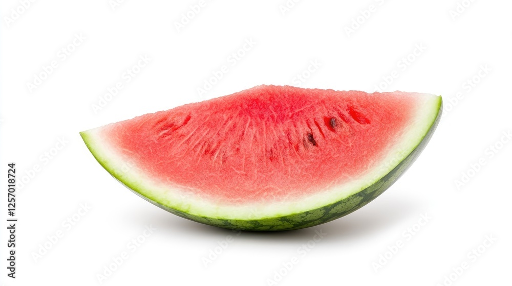 Freshly cut watermelon slice showcasing vibrant red flesh and green rind on a white background Freshly cut watermelon slice showcasing vibrant red flesh and green rind on a white background