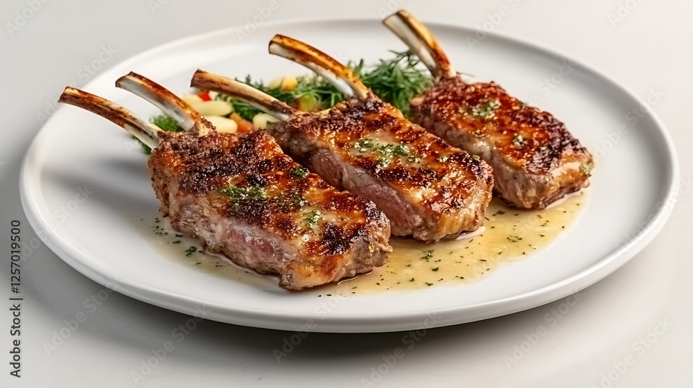 Grilled lamb chops, herbs, white plate, studio Grilled lamb chops, herbs, white plate, studio