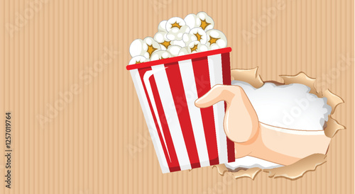 Hand Holding Popcorn Through Torn Paper
