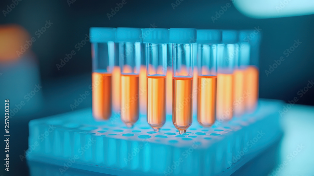 Fluorescent liquid glowing in test tubes on laboratory rack, showcasing vibrant colors and scientific exploration Fluorescent liquid glowing in test tubes on laboratory rack, showcasing vibrant colors and scientific exploration