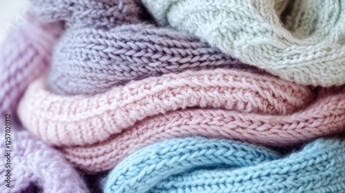 Colorful Knitted Fabrics Stacked. Closeup. Fashionable. Apparel Display