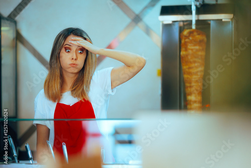 Stressed Worker at a Shawarma Restaurant feels Overwhelmed. Cook being in a hurry to prepare food orders for customers 


 photo