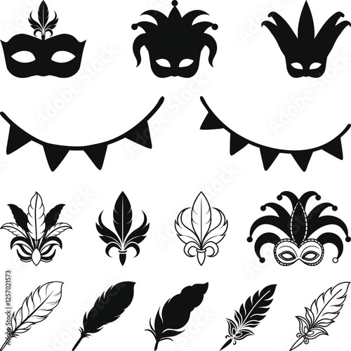 Venetian Masks Set, Carnival Masks and Feathers, A set of carnival masks flat vector illustration