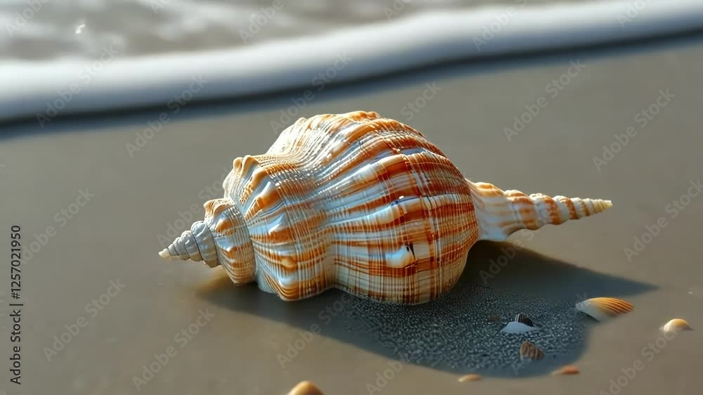 A close-up of a colorful seashell on a sandy beach by the ocean.