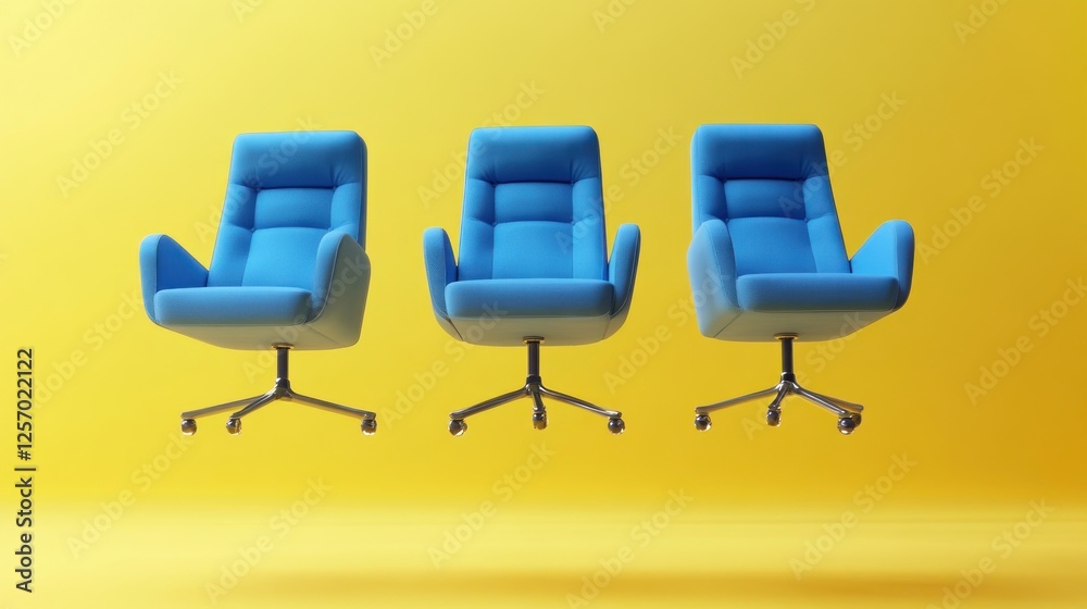Obraz premium Three blue office chairs levitate against yellow