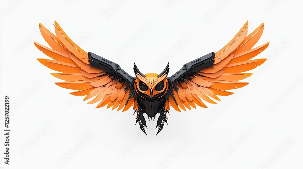 Fototapeta premium A striking mechanical owl with vibrant orange wings, showcasing intricate design and detail