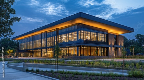 Modern office building twilight campus landscape
