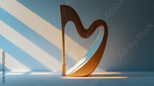 Harp in sunlit room, elegant instrument photo