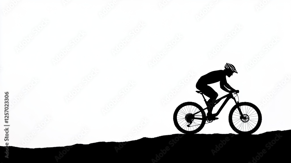 Fototapeta premium Silhouette of a cyclist ascending a hill against a stark white background, showcasing determination