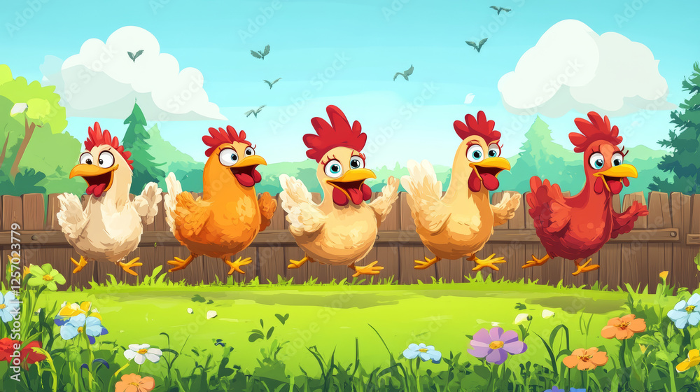 Naklejka premium Charming animated chickens dance playfully in a vibrant garden colorful environment fun concept for kids
