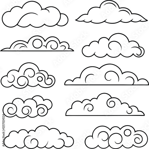 Stylized Cloud Designs Line Art, Swirls, Vector Graphics, Illustrations