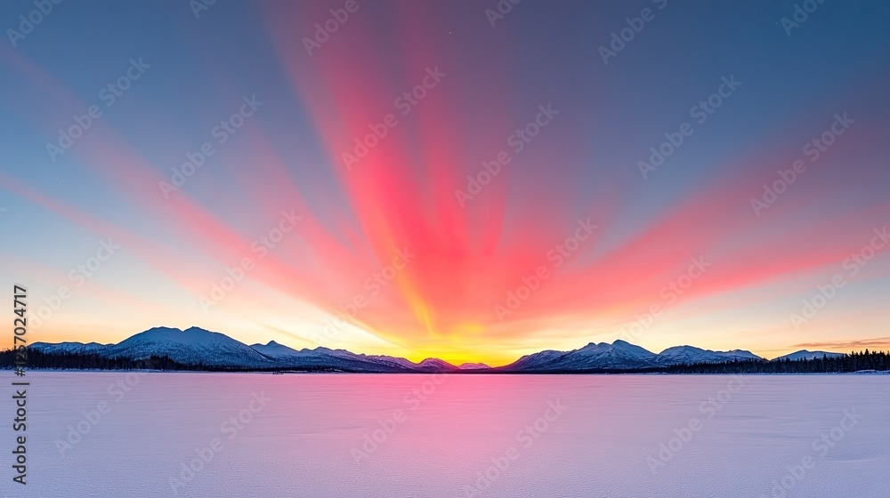 Fototapeta premium Vibrant sunset over a snowy landscape with mountains in the background and colorful sky