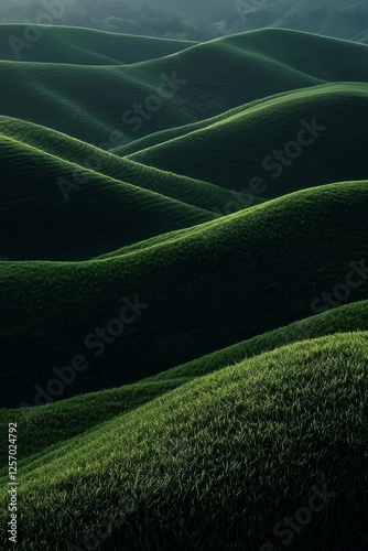 Green hills, grassy field, soft lighting, minimalism
