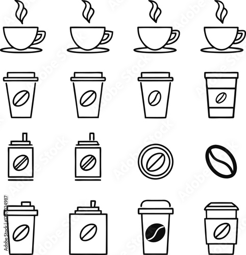 Coffee Icons Cups, Mugs, Beans, and Takeaway Containers