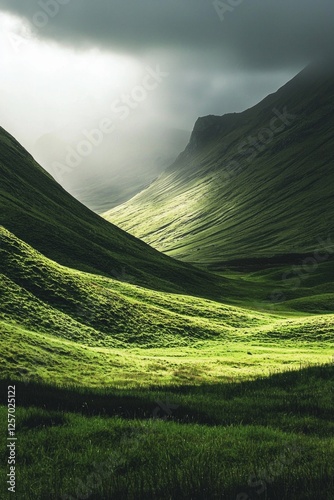 Green hills, grassy field, soft lighting, minimalism