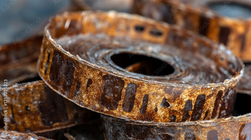 Close-up of Rusty and Aged Film Reels, Vintage Movie Film Stock Close-up of Rusty and Aged Film Reels, Vintage Movie Film Stock