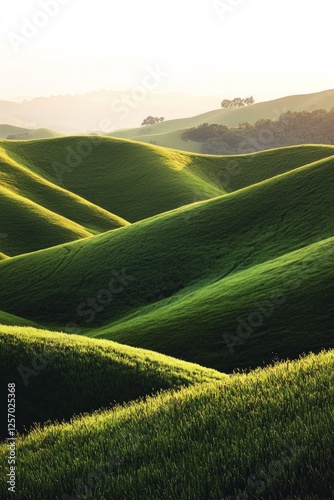 Green hills, grassy field, soft lighting, minimalism