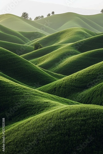 Green hills, grassy field, soft lighting, minimalism