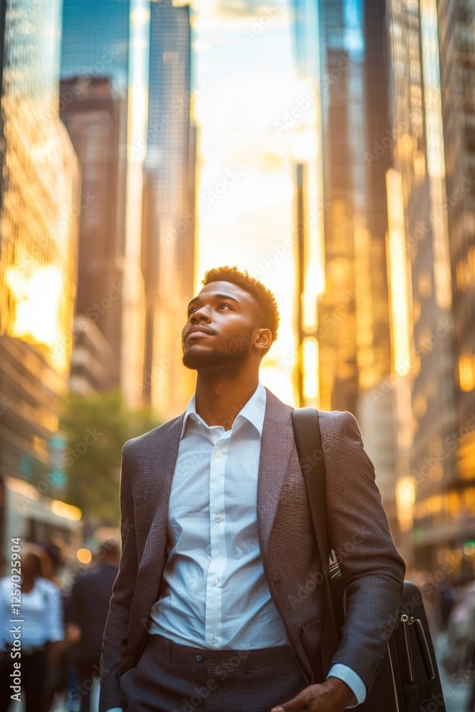 Obraz premium Handsome young American African businessman walking in the city, wearing a business suit and white shirt with a black suitcase on his shoulder, looking up at the skyscrapers during sunset