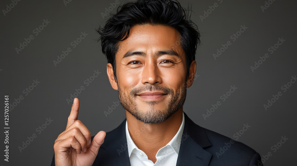 A man in a suit is smiling and pointing his finger. He is wearing a blue jacket and white shirt. A man in a suit is smiling and pointing his finger. He is wearing a blue jacket and white shirt.