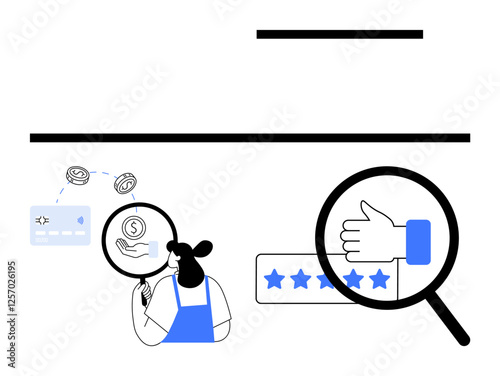 Person studying financial data on a document through a magnifying glass. Nearby, a thumbs-up icon within a magnifying glass evaluates a 5-star rating system. Ideal for business, finance, analysis