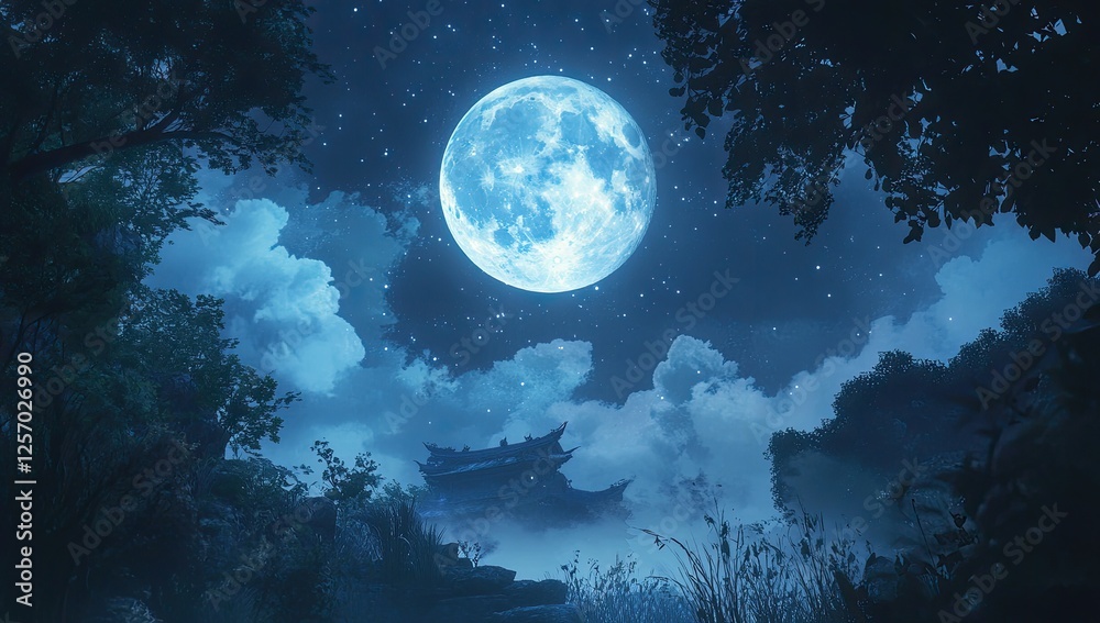 Fototapeta premium A Majestic, Full Blue Moon Illuminating the Night Sky Over a Lush Forest Canopy