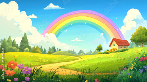 Colorful rainbow arches over serene landscape idyllic countryside digital art bright day enchanting scene