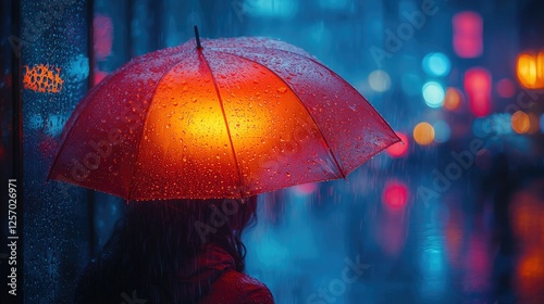 Wallpaper Mural Red Umbrella Woman Night Rain City Lights Torontodigital.ca