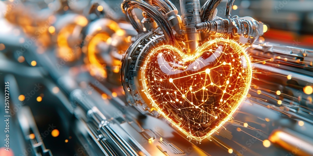 futuristic digital rendering of human heart with glowing circuits and mechanical elements, symbolizing fusion of technology and biology in metallic environment futuristic digital rendering of human heart with glowing circuits and mechanical elements, symbolizing fusion of technology and biology in metallic environment