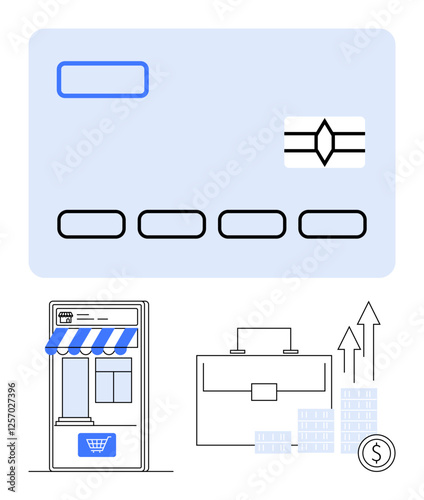 Credit card above a storefront, briefcase, and rising bar chart. Ideal for finance, e-commerce, online business, shopping, financial growth investment business strategy. Line metaphor