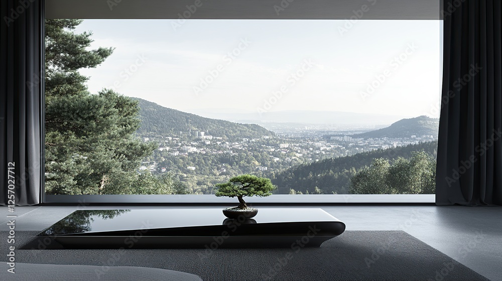 Fototapeta premium Modern living room, mountain view, bonsai, serenity, interior design