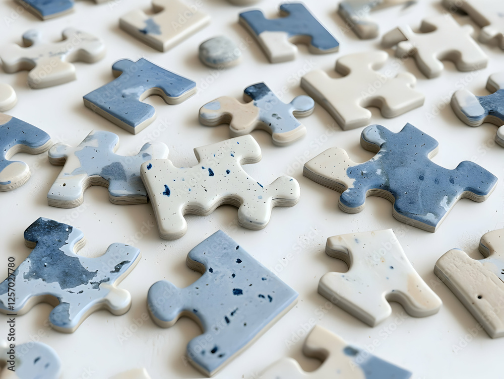 Fototapeta premium Blue & white puzzle pieces scattered on white background; problem-solving concept