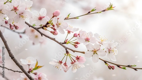 Cherry Blossom Delicate Beauty: A gentle breeze softly stirs delicate cherry blossoms, their pale pink petals creating a breathtaking display of springtime elegance.
