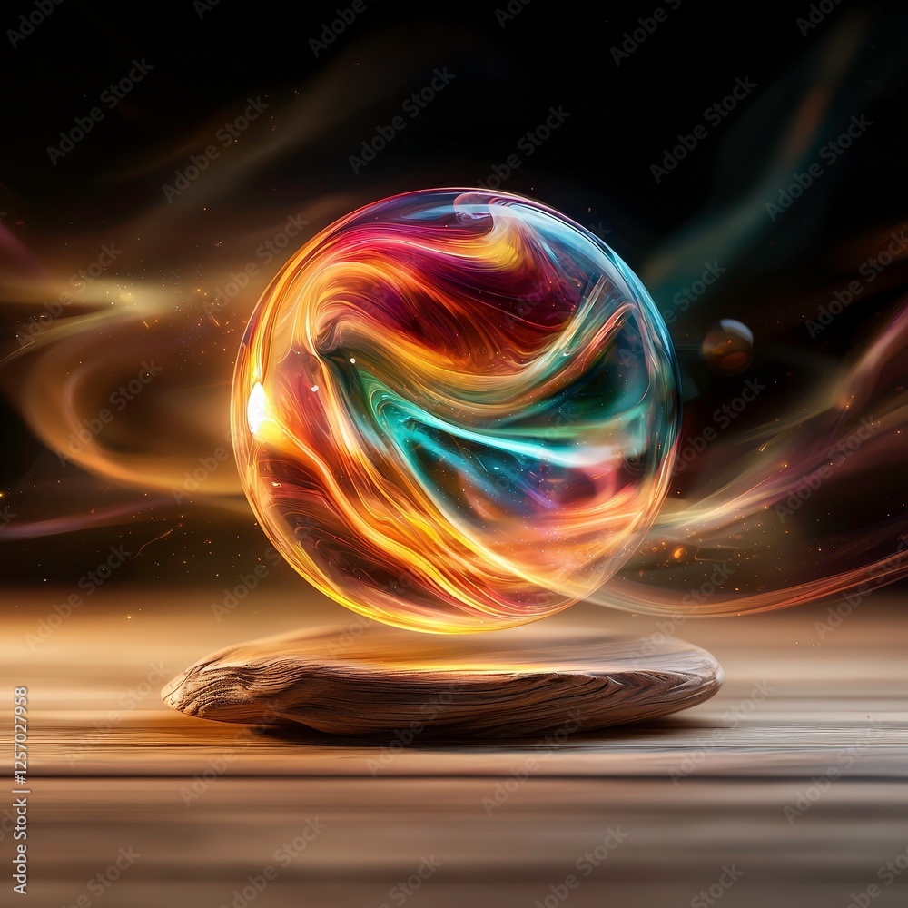 vibrant, swirling energy orb floats above wooden surface, surrounded by ethereal light trails, creating mystical atmosphere vibrant, swirling energy orb floats above wooden surface, surrounded by ethereal light trails, creating mystical atmosphere