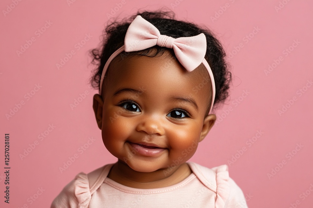 Adorable Baby Girl Smiles Sweetly, Wearing Pink Bow Headband Against Pink Background; Pure Joy, Innocent Expression, Childish Charm