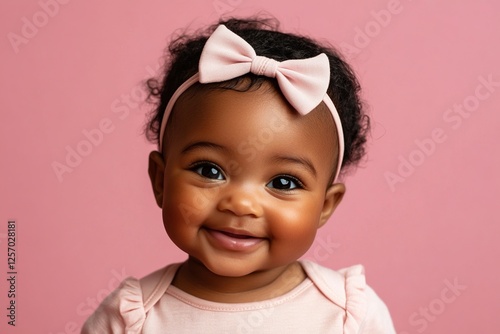 Obraz na płótnie Adorable Baby Girl Smiles Sweetly, Wearing Pink Bow Headband Against Pink Background; Pure Joy, Innocent Expression, Childish Charm w salonie