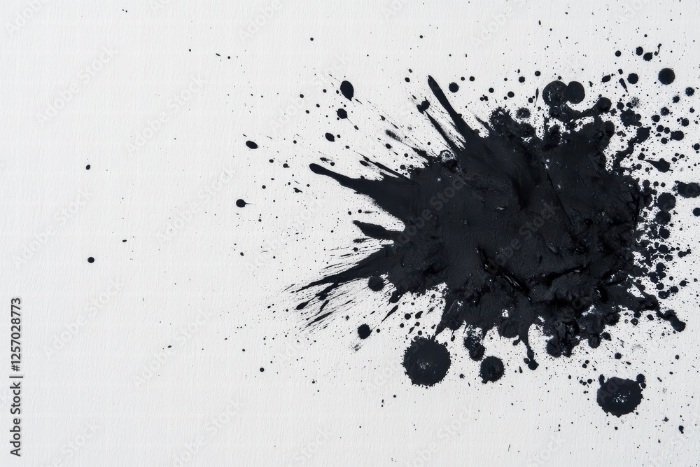 Black paint splatter on white canvas background for artistic projects