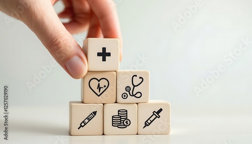 Hand Stacking Medical Icon Blocks Concept for Healthcare and Insurance