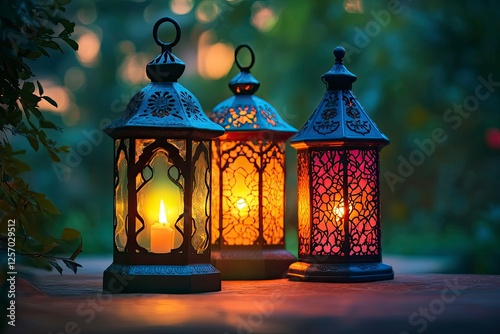 Colorful Ramadan Lanterns, Ramadan Month Background Concept Photo, Uskudar Istanbul, Turkiye with generative ai
