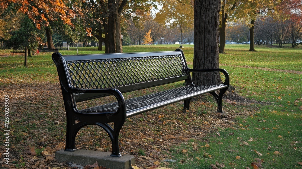 Black park bench under autumn trees.