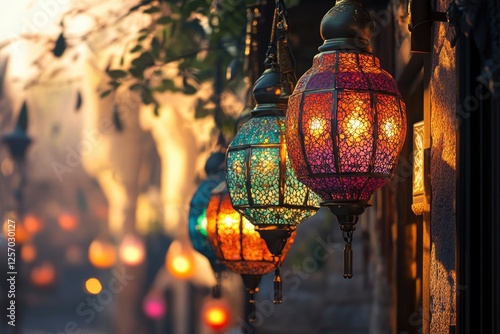 Colorful Ramadan Lanterns, Ramadan Month Background Concept Photo, Uskudar Istanbul, Turkiye with generative ai