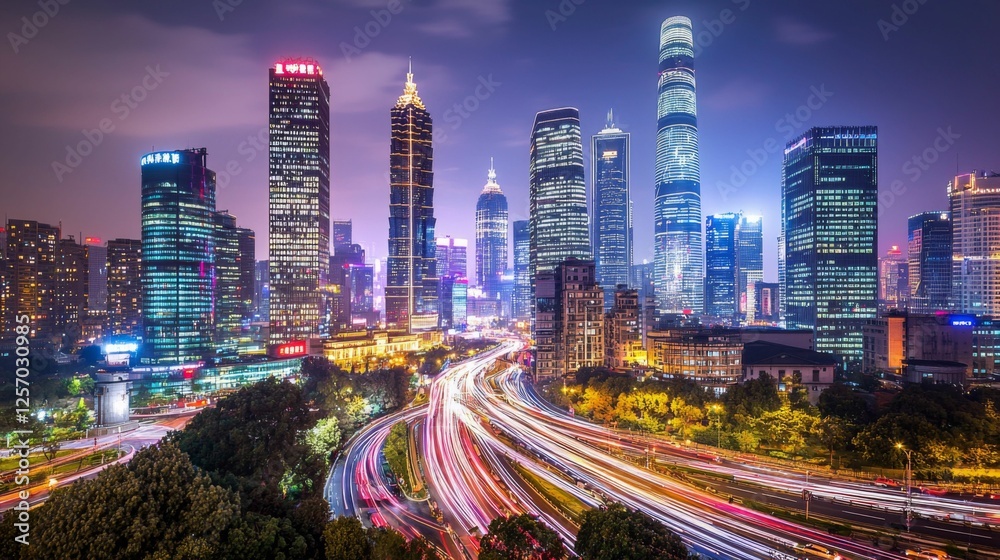 Fototapeta premium Vibrant Night Cityscape of Modern Skyscrapers Illuminated by Colorful Lights Against a Twilight Sky