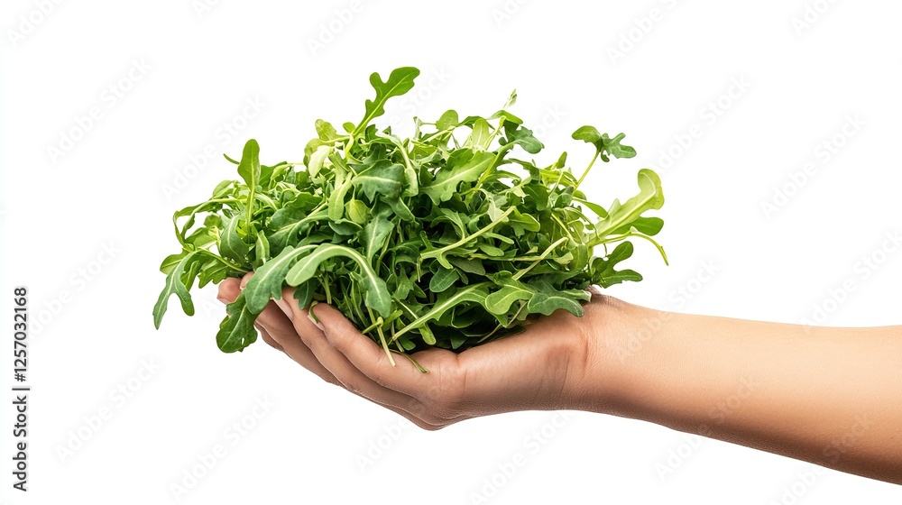 A fresh bunch of arugula leaves held in hand, isolated on a clean white background. A fresh bunch of arugula leaves held in hand, isolated on a clean white background.