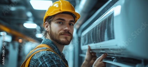 HVAC Technician Installing Heat Recovery Ventilation System in Modern Home