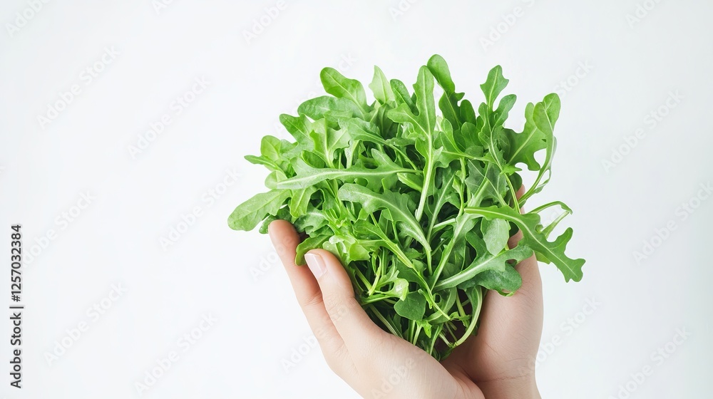 A fresh bunch of arugula leaves held in hand, isolated on a clean white background. A fresh bunch of arugula leaves held in hand, isolated on a clean white background.